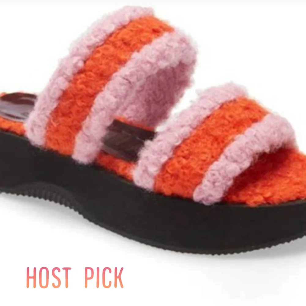 NWOT STAUD Pink and Orange Fuzzy Platform Slide Sandals